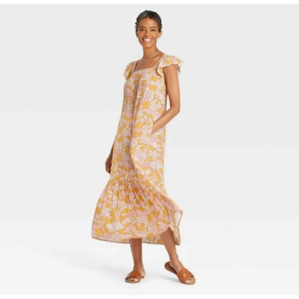 KNOX ROSE  womens Tropical Leaves Pocket Flowy Midi yellow Dress size XS